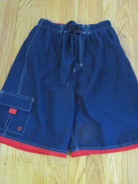 ISLANDER BOY'S SIZE 10/12 SWIM TRUNKS BLUE RED & WHITE BOARD SHORTS ELASTIC NWOT